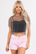 Black Pearl Bead Mesh Top with Tank Top